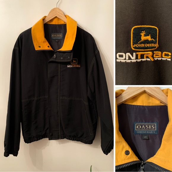 John Deere Other - Vintage John Deere Nylon Jacket Men’s L Black Yellow Stitch Ontrac Barn Jacket